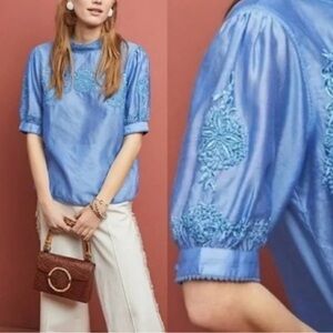 Anthropologie Payal Jain CarringtonEmbroidered Blouse Top,Large,Blue Cottagecore